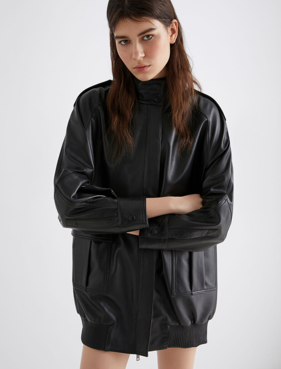 veste en cuir épais oversize - noire