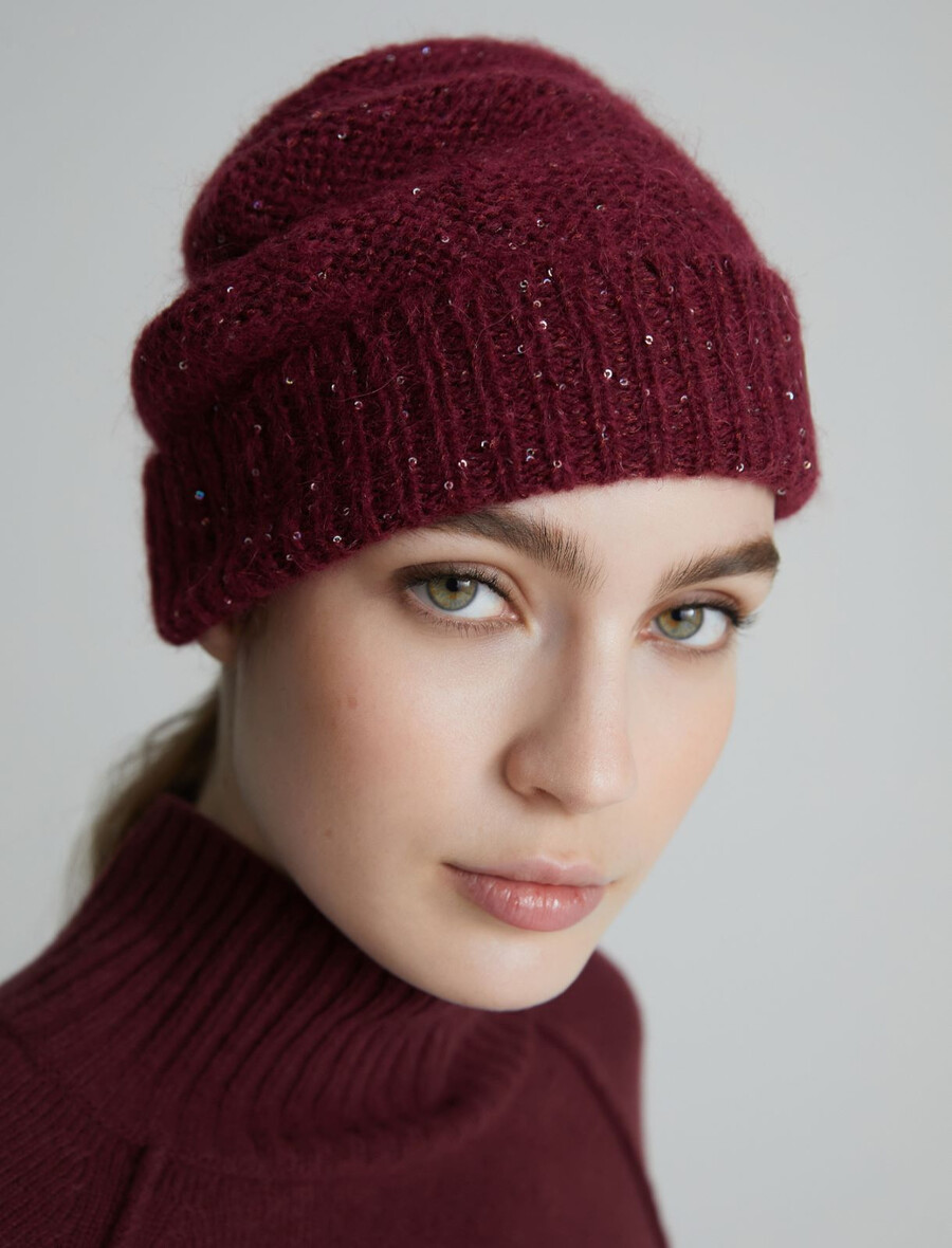 bonnet en cachemire mélangé à paillettes - bordeaux