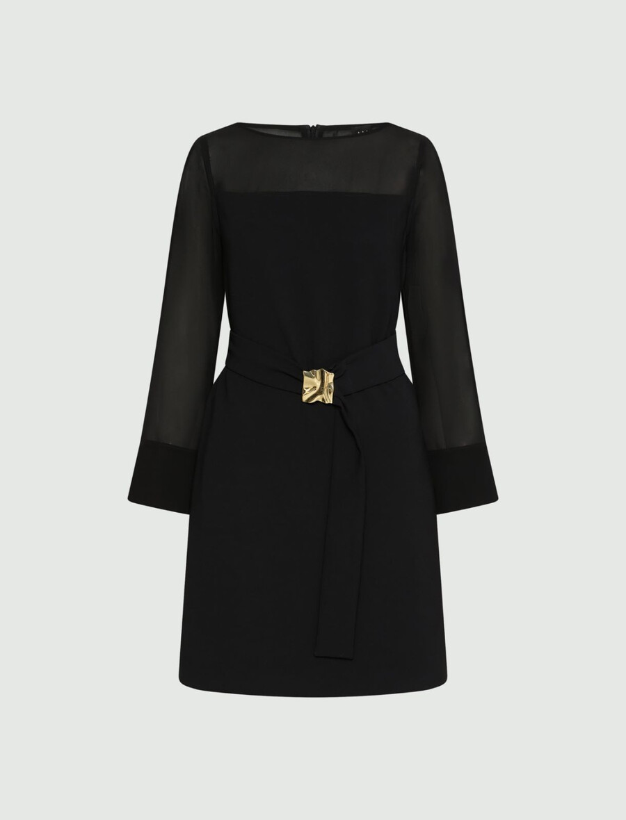 robe ceinturée en satin et georgette envers - noire