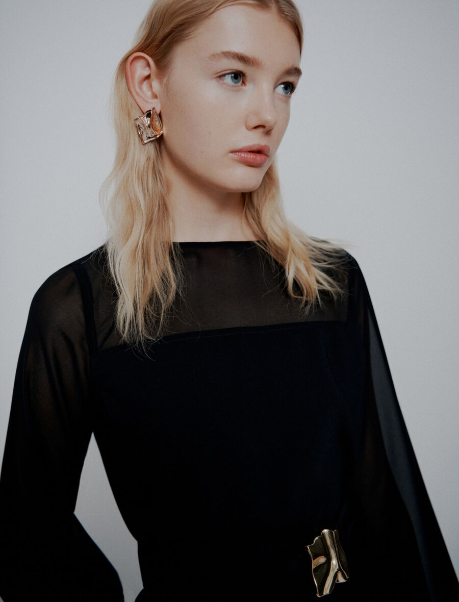 robe ceinturée en satin et georgette envers - noire