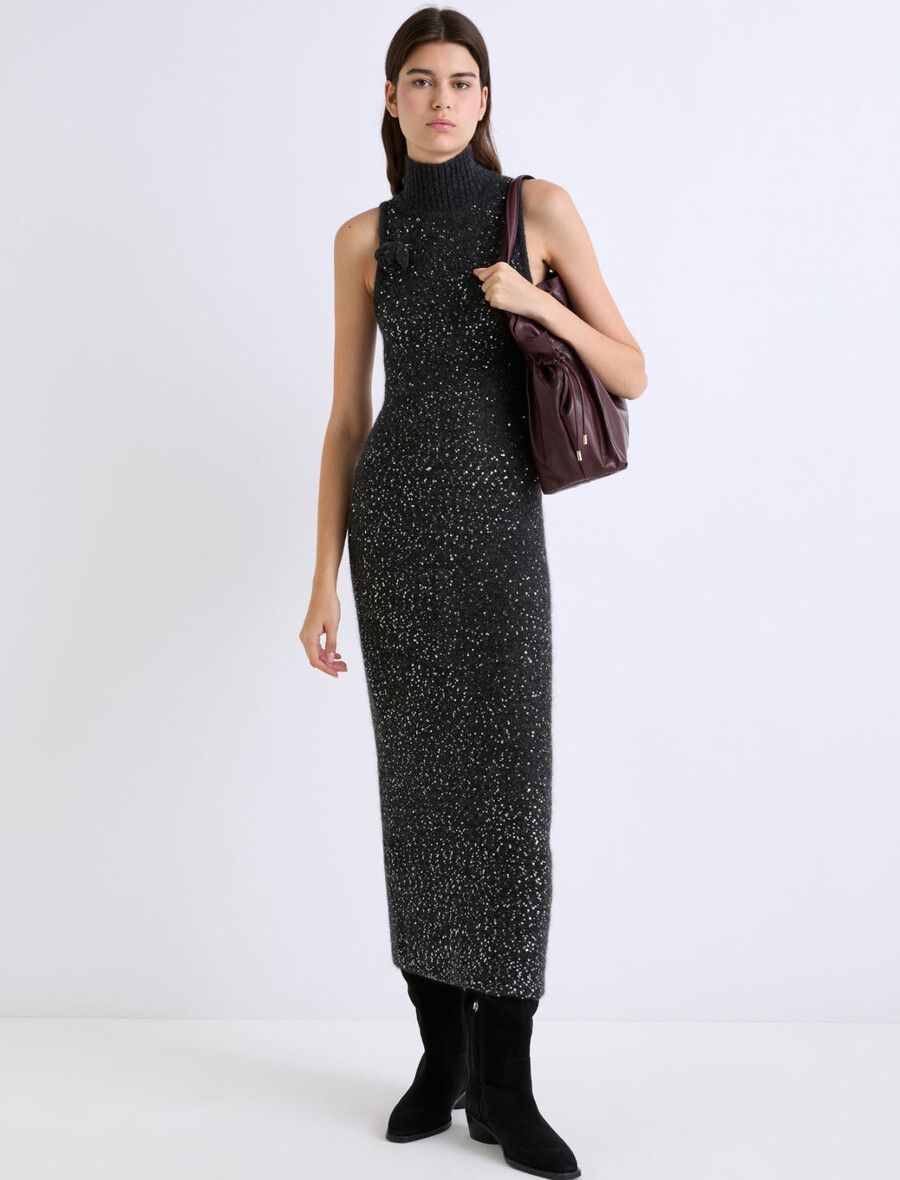 robe sans manches en alpaga ornée de sequins - gris chiné